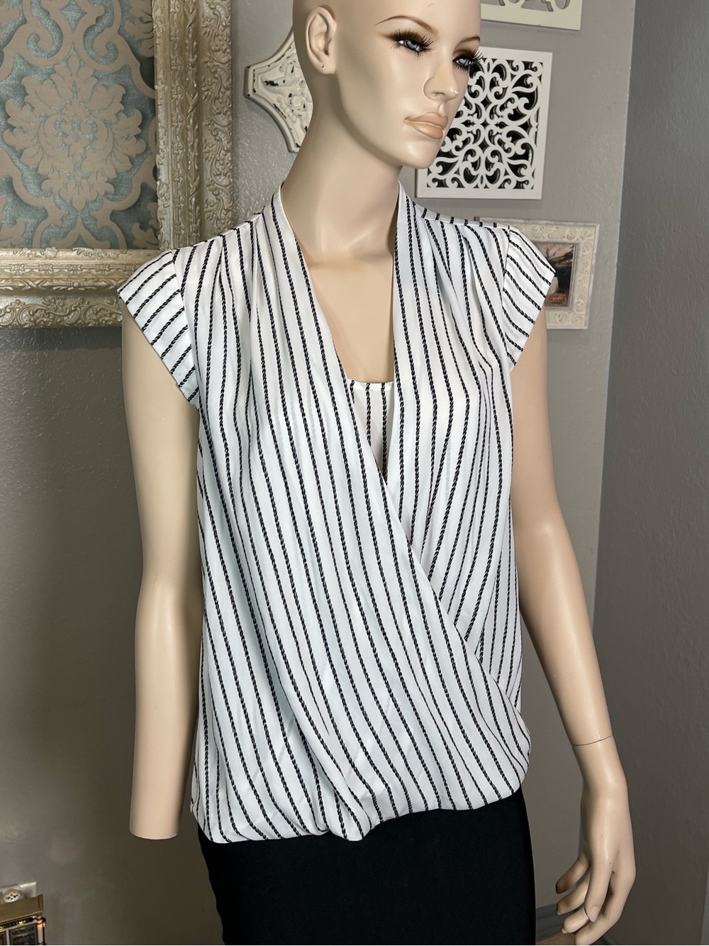 Halogen Striped White & Black Surplice Cap-Sleeve Women’s Top